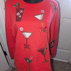 NWT State of Mine Margarita Christmas Sweatshirt Top Sequin Bling Womens Sz L